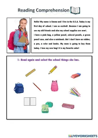School Supplies Reading Comprenhension
