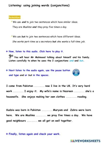 ESOL listening worksheet, describing in sentences.