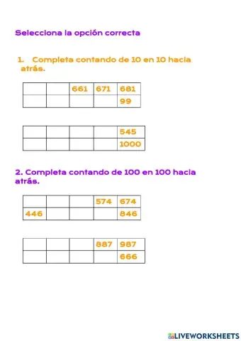 Contamos de 10 en 10 y de 100 en 100 hacia atrás
