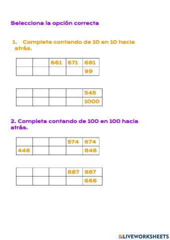 Contamos de 10 en 10 y de 100 en 100 hacia atrás