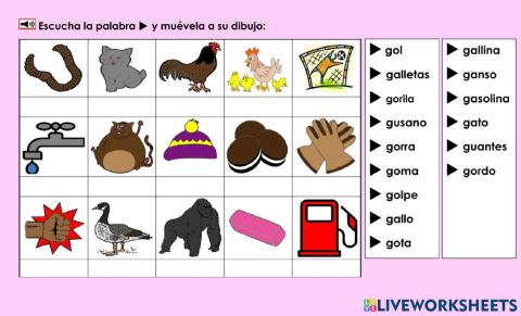 Gg: Pon la palabra debajo de su dibujo