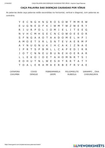 Caça palavra das doenças causadas por vírus
