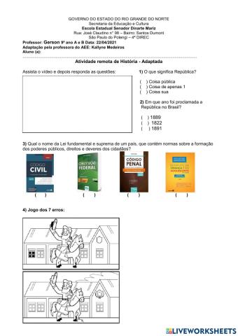 Atividade de História - República ( alunos com deficiência intelectual)