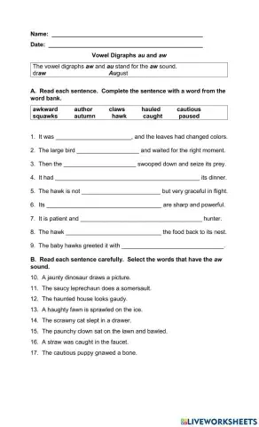 Vowel Digraphs au and aw