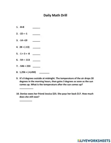 Positive and negative Numbers Drill