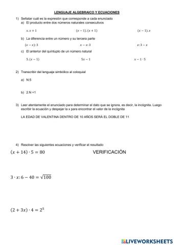 Lenguaje algebraico y  Ecuacion