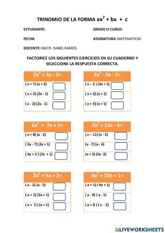 TRINOMIO DE LA FORMA ax2 + bx  +  c