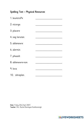 Spelling Test Physical Resources