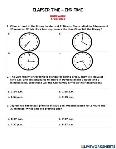 Elapsed Time - End Time Homework