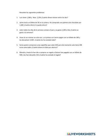 Matemáticas problemas con euros