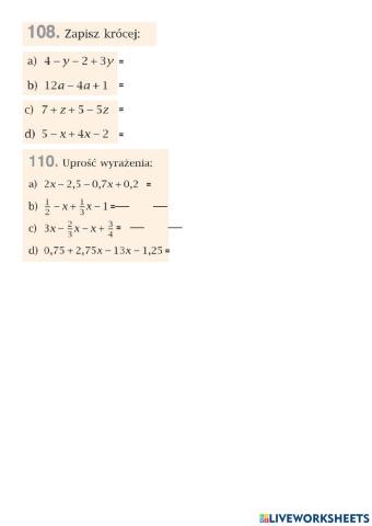 Upraszczanie wyrażeń algebraicznych  zadanie 108 i 110 str. 252 klasa 6