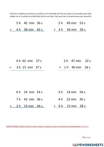 SUMAS SISTEMA SEXAGESIMAL (h, min y s)