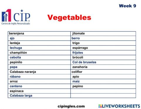 Vegetables Exam Week 9