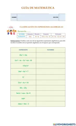 Clasificación, orden y valuación de expresiones algebraicaqs