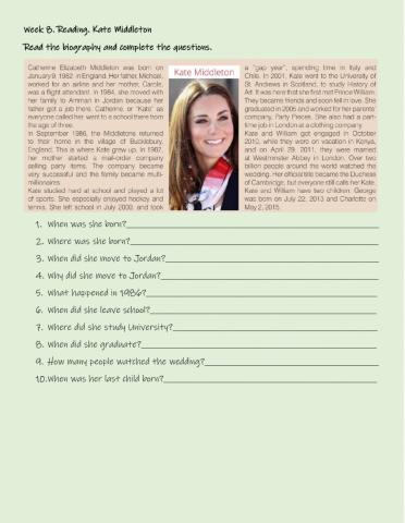 Week 8. Class 2 Kate Middleton reading