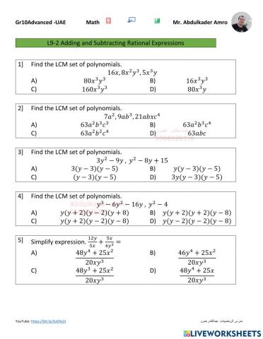 L9-2 Adding and Subtracting Rational Expressions