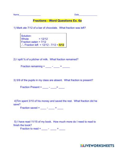 Fractions - Word Questions - Ex. 6a