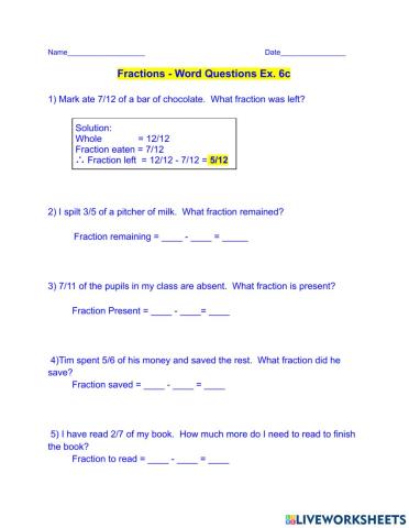 Fractions - Word Questions - Ex. 6c