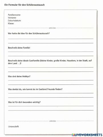 Formular für Schülerautausch Prima Plus A2.2