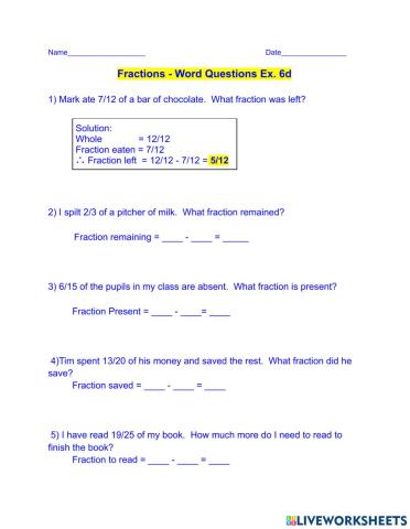 Fractions - Word Questions - Ex. 6d