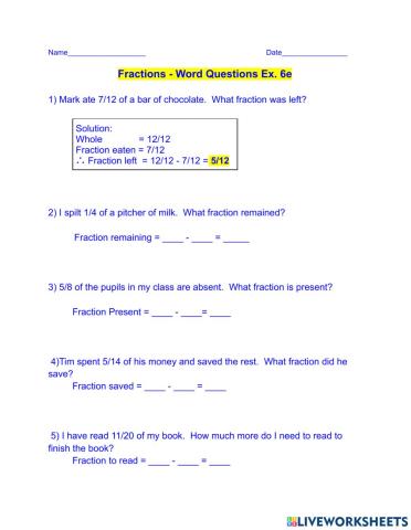 Fractions - Word Questions - Ex. 6e