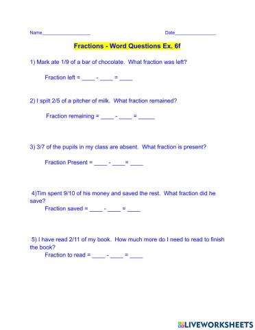 Fractions - Word Questions - Ex. f