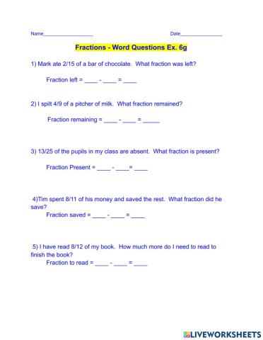Fractions - Word Questions - Ex. 6g