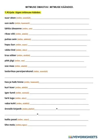 8klass-GR-Mitmuse omastav.Mitmuse käänded.