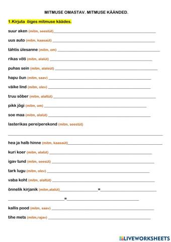 8klass-GR-Mitmuse omastav.Mitmuse käänded.
