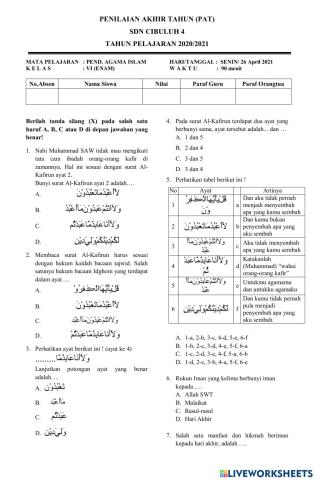 Penilaian Akhir Tahun (PAT) Pendidikan Agama Islam SDN Cibuluh 4