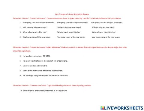 Unit 9 Lessons 1-4 and Appositive Review