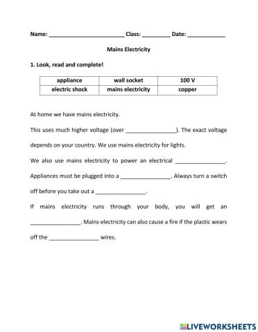 Mains Electricity Worksheet