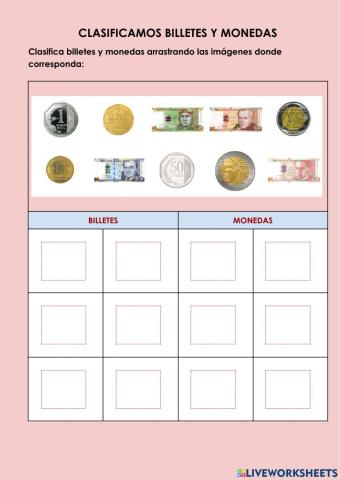 Clasifica billetes y monedas
