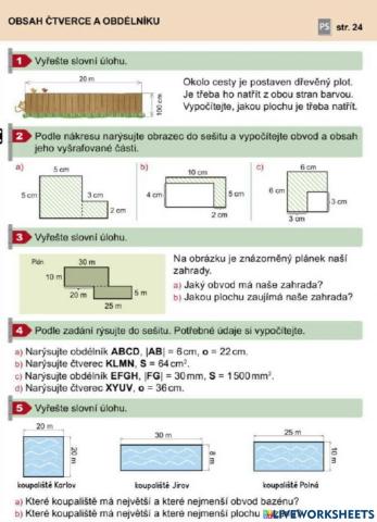 Obvod a obsah čtverce a obdelníku - slovní úlohy