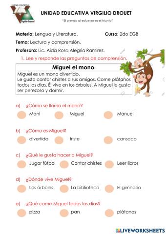 Lectura y comprensión -Miguel el mono-