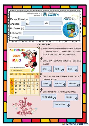 Calendário de Maio de 2021 - 2ª semana