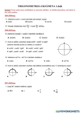 Trigonometrija eksāmena 1.daļā