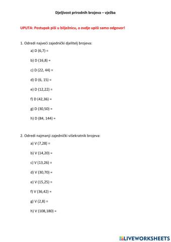 Djeljivost prirodnih brojeva (NZD i NZV)