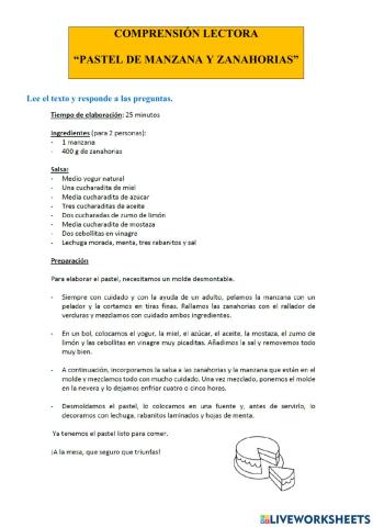 COMPRENSIÓN LECTORA -PASTEL DE MANZANA Y ZANAHORIAS-