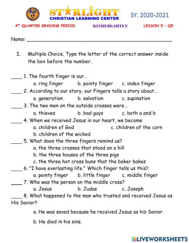 ESP-CL (KINDER) - QUIZ LESSON 5: YOUR HAND WANTS TO TELL A STORY - PART 2