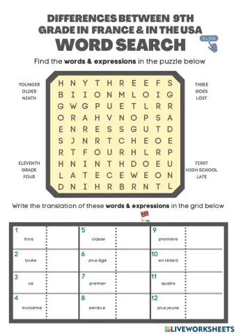 Differences between 9th grade in France and in the USA wordsearch
