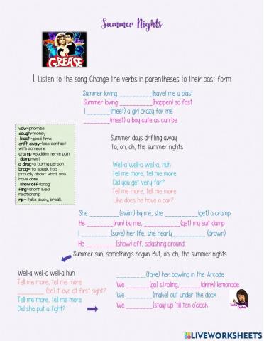 Summer nights. Past simple song practice