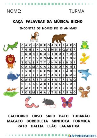 Caça palavras - música bicho
