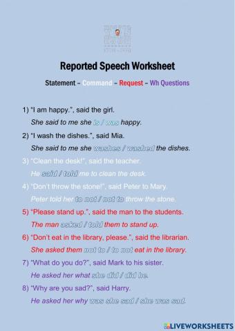 Reported Speech Worksheet (2)