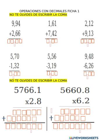 Operaciones decimales ficha 1