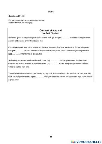 PET for Schools Sample Reading 1.6