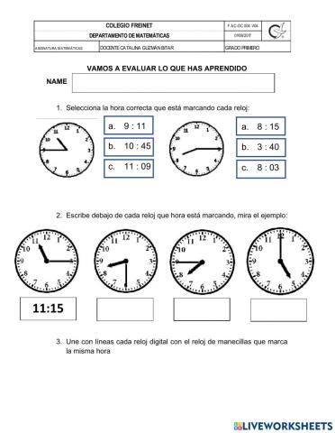 Evaluando lectura de la hora