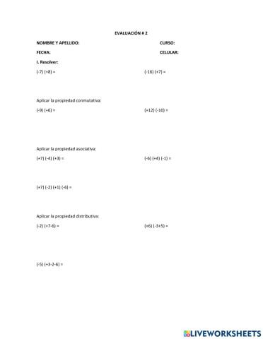 Evaluación multiplicación de números enteros