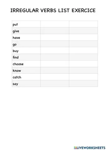 Irregular Verb list exercice