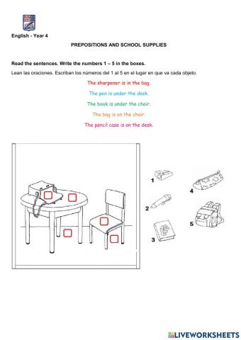 Prepositions and school supplies
